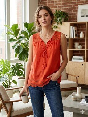 Cupio Orange Crochet Embroidered Sleeveless Tassel Tie 3/4 Button Front  Top L
